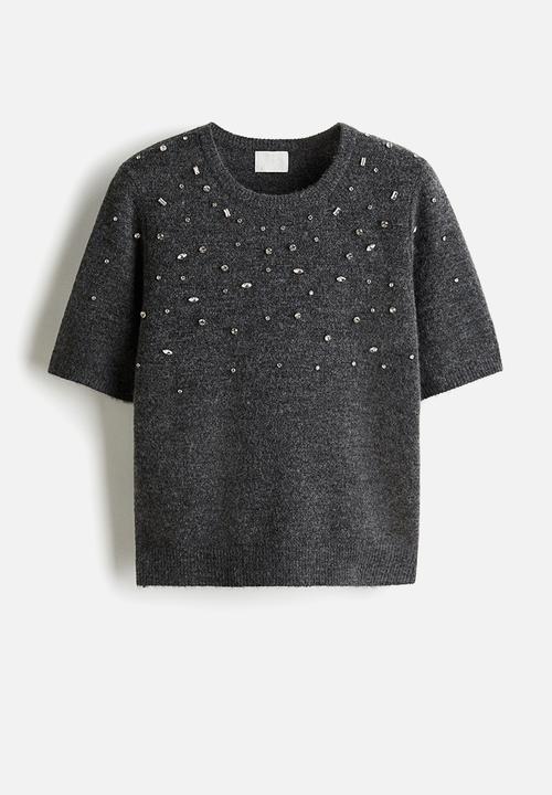 H&M - Rhinestone-embellished fine-knit top - dark grey marl