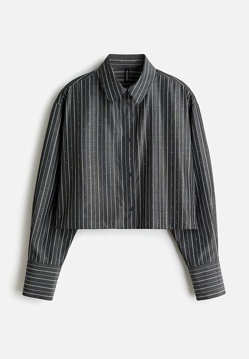 H&M - Short embellished shirt - dark grey/striped
