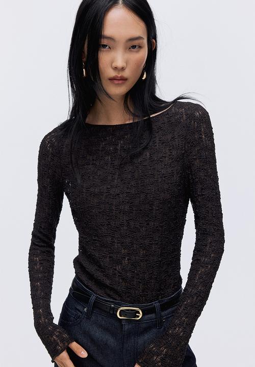 H&M - Lace-look jersey top - dark brown