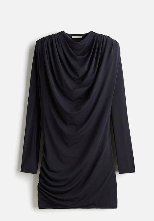 H&M - Draped shoulder-pad dress - navy blue