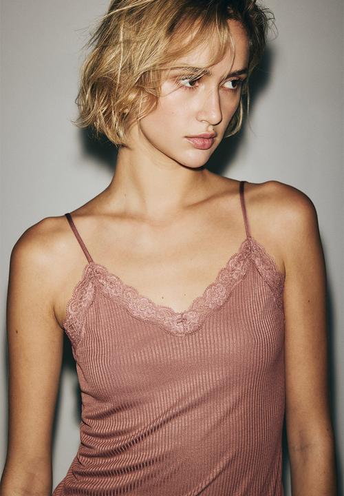 H&M - Lace-trimmed strappy top - dark dusty pink