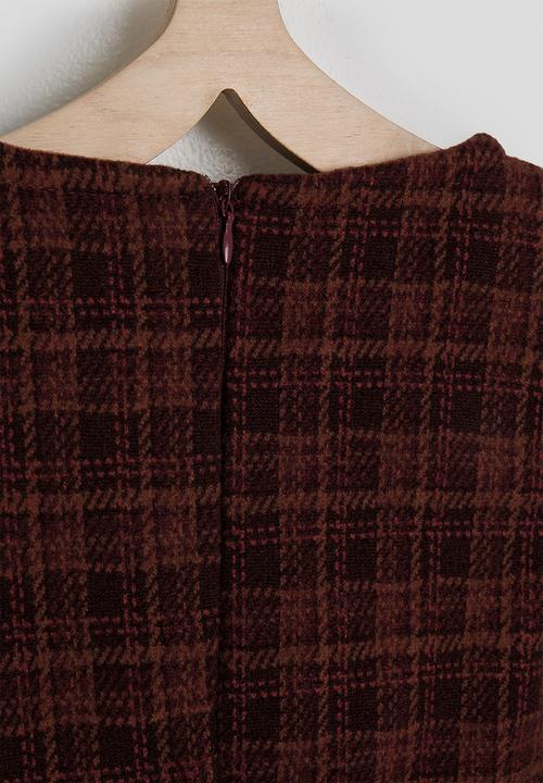 Pop Candy - Check tunic dress with ribbed long sleeve top - burgundy/cream