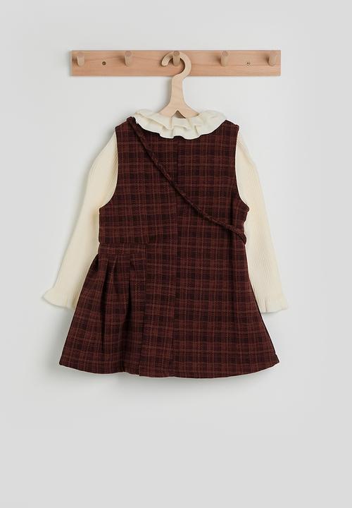 Pop Candy - Check tunic dress with ribbed long sleeve top - burgundy/cream