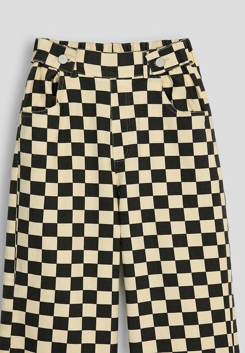 Pop Candy - Button tab wide leg jeans - black checkerboard/beige