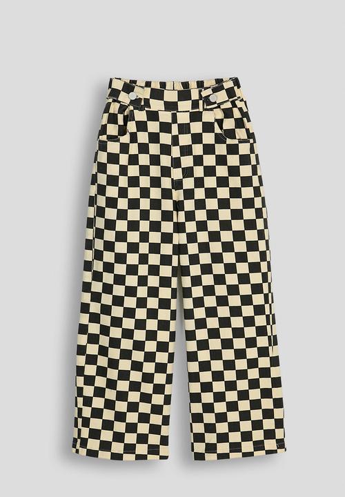 Pop Candy - Button tab wide leg jeans - black checkerboard/beige
