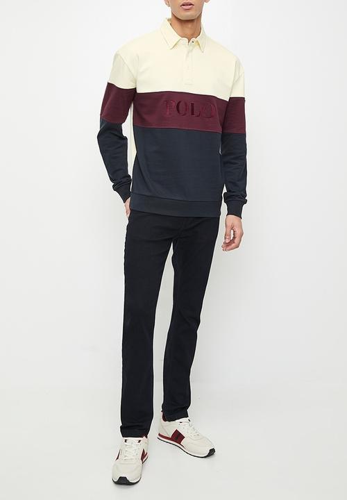 POLO - Mens Colour Block Long sleeve Sweater - Burgundy