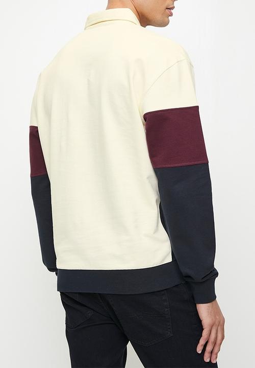 POLO - Mens Colour Block Long sleeve Sweater - Burgundy