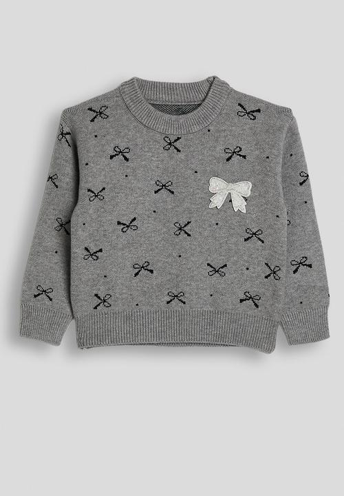 Pop Candy - Knit jumper with ribbed ra-ra skirt - grey/bow aop