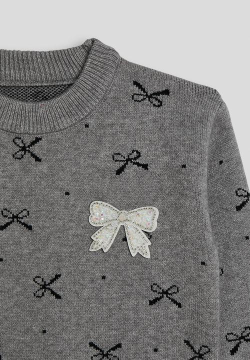 Pop Candy - Knit jumper with ribbed ra-ra skirt - grey/bow aop