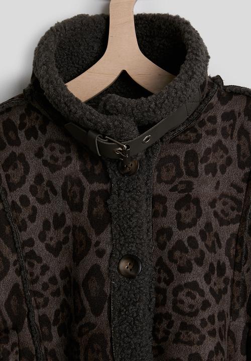 Pop Candy - Shearling lined flying jacket & tote bag - leopard print/dark grey