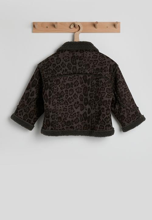Pop Candy - Shearling lined flying jacket & tote bag - leopard print/dark grey