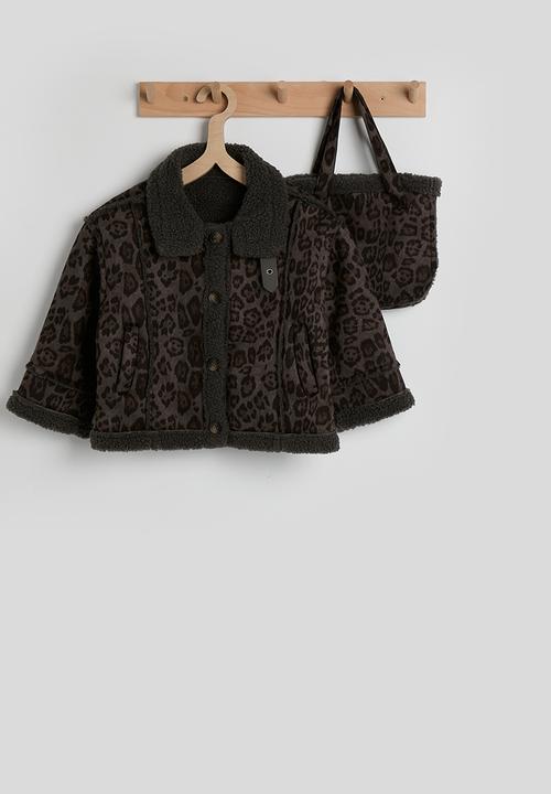 Pop Candy - Shearling lined flying jacket & tote bag - leopard print/dark grey
