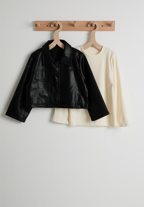 Pop Candy - PU jacket & skirt with ribbed top - black/cream