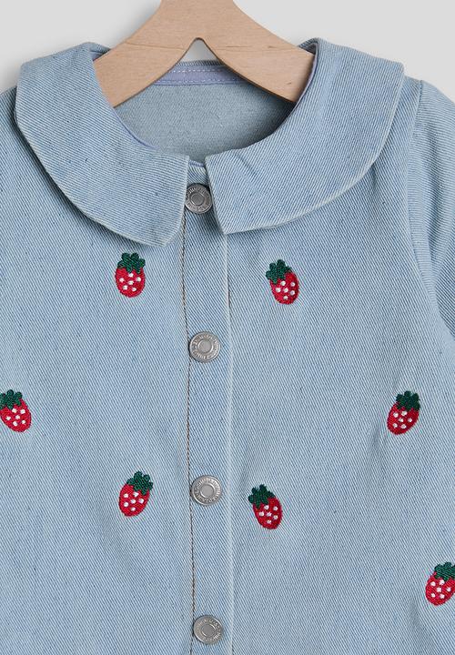 Pop Candy - Embroidered strawberry denim blouse & pants - light blue