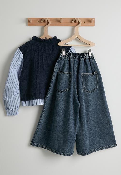 Pop Candy - Knit vest with striped shirt & wide leg jeans - navy/blue