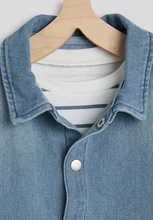 Pop Candy - Denim shacket with striped tee - blue