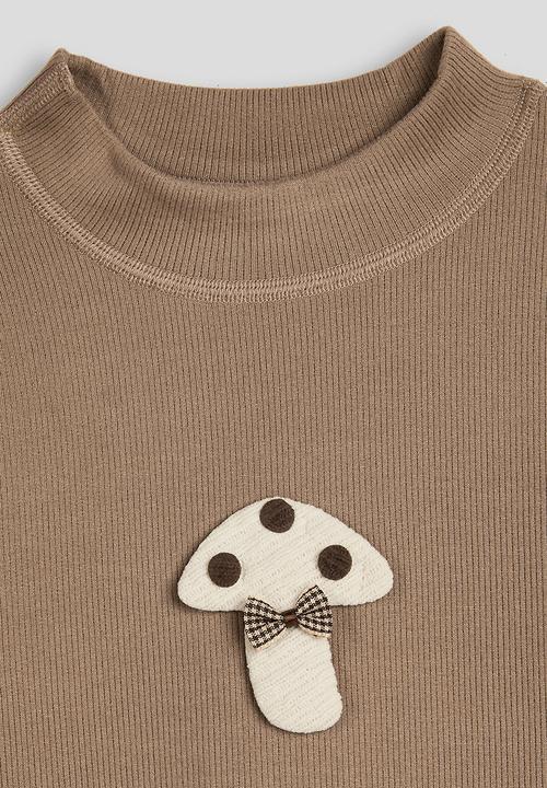 Pop Candy - Ribbed high neck top with applique mushroom - teak brown