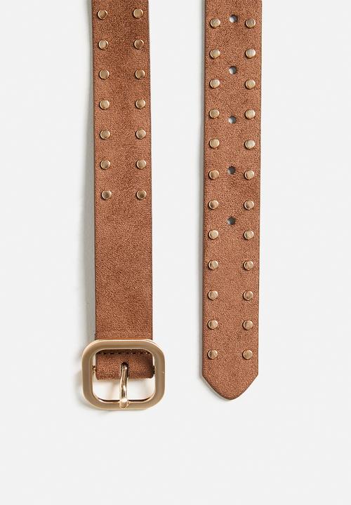 Rubi - Slim Dad Studded Belt 2Pk - Black/Silver Studs & Tan Micro/Brushed Gold
