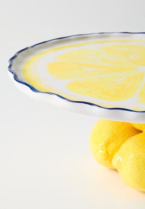 Urchin Art - Cake Stand - Blue rim big lemon - White & Yellow