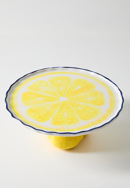 Urchin Art - Cake Stand - Blue rim big lemon - White & Yellow
