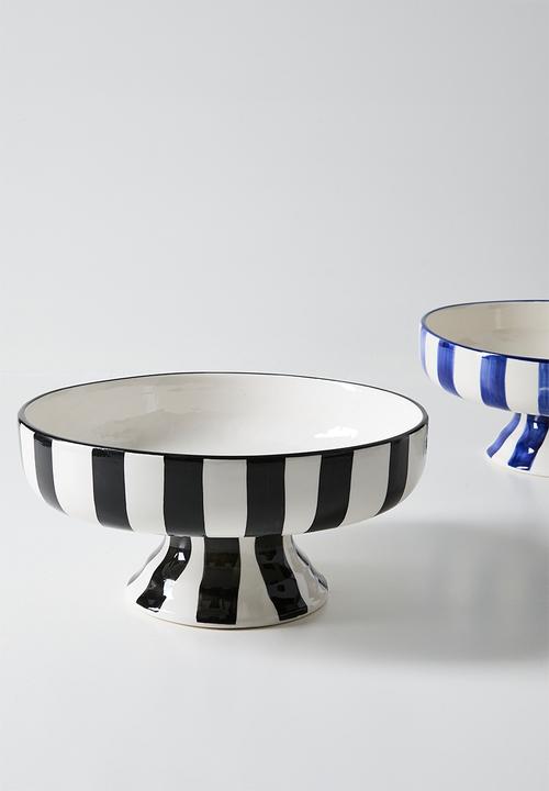 Urchin Art - Serving Bowl Short w stand - white & black stripes