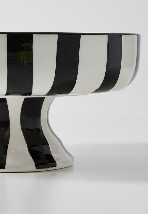 Urchin Art - Serving Bowl Short w stand - white & black stripes