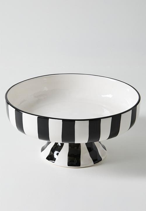 Urchin Art - Serving Bowl Short w stand - white & black stripes