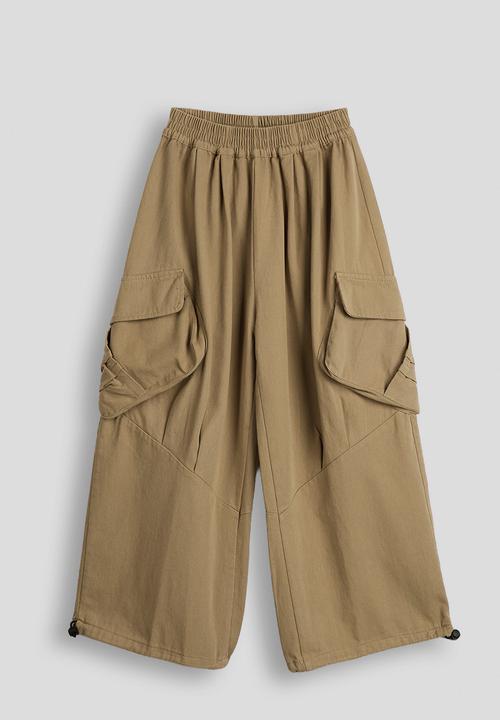 Pop Candy - Drawstring hem cargo pants with large side pockets - light khaki