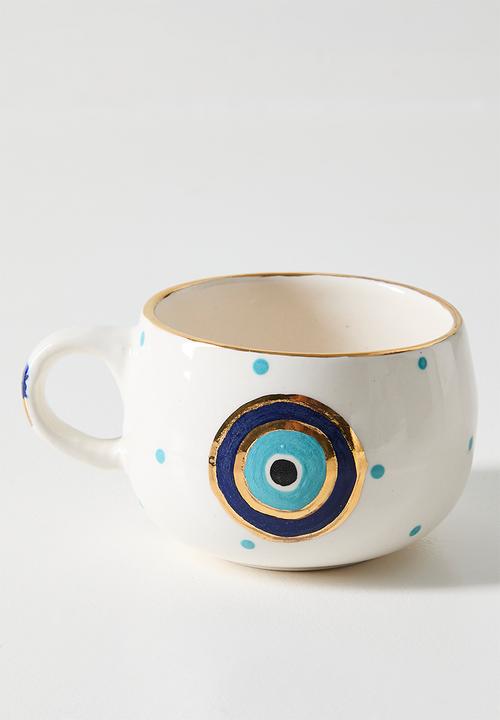 Urchin Art - Cup and Saucer Snack Evil Eye Set of 2 - white