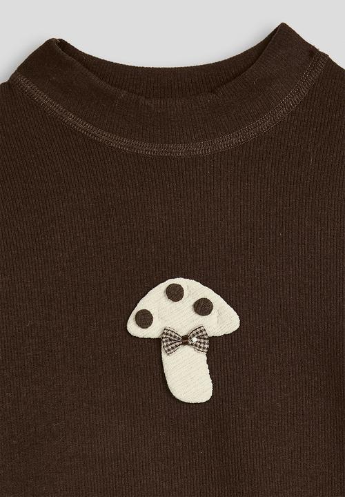 Pop Candy - Ribbed high neck top with applique mushroom - dark chocolate