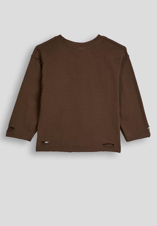 Distressed detail tee with contrast pocket - coffee/cream