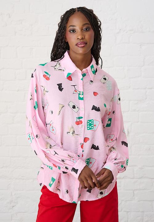 Me&B - Bellow Sleeve Shirt in Players Print - Light Pink