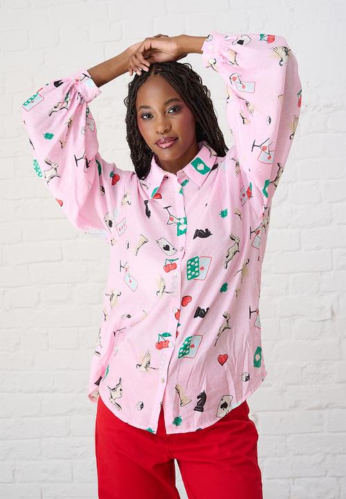 Me&B - Bellow Sleeve Shirt in Players Print - Light Pink