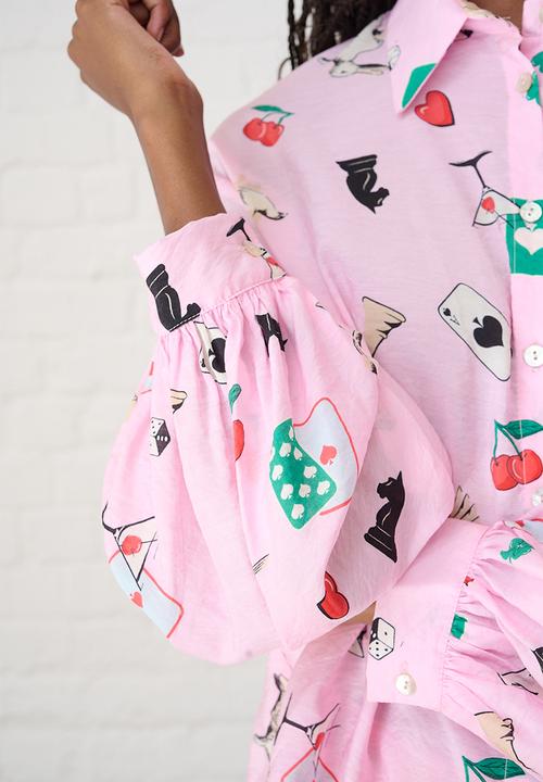 Me&B - Bellow Sleeve Shirt in Players Print - Light Pink