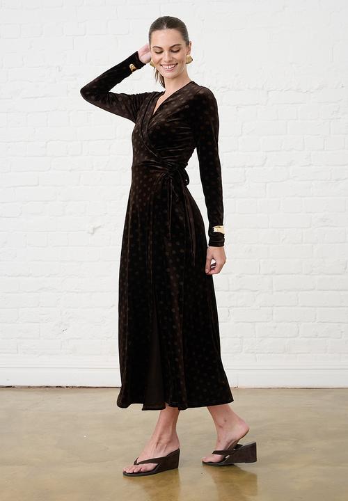 Me&B - Velvet Choc Spot Wrap Dress