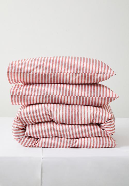 Clement Stripe Cotton Blend Duvet Cover - Rust & White 