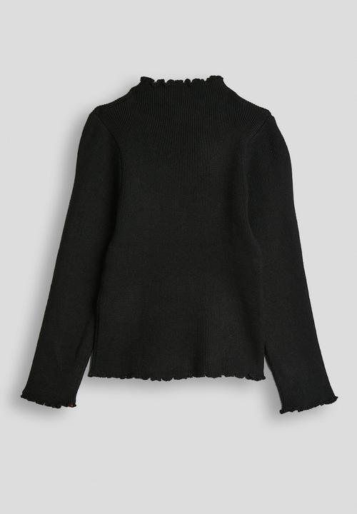 Pop Candy - Ribbed lettuce hem long sleeved top - black