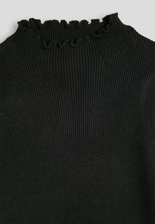 Pop Candy - Ribbed lettuce hem long sleeved top - black