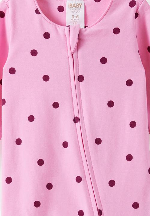 Cotton On - The Long Sleeve Zip Romper - Strawberry Milk/Polka Dot