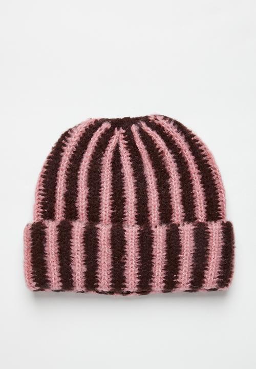 Tessa Design - Celestine Stripe Fluffy Turn Up Beanie - brown & pink