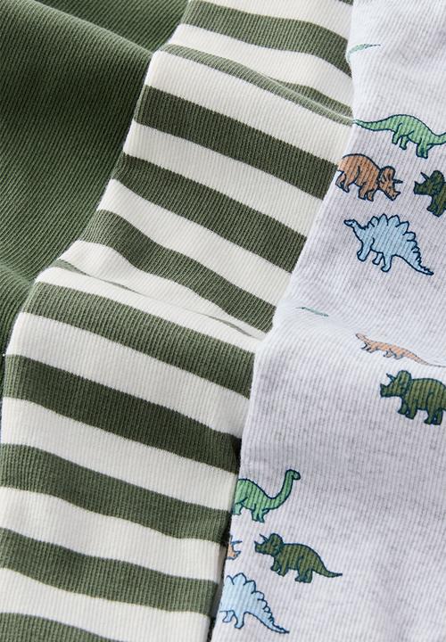 Cotton On - The Long Sleeve Rib Romper 3 Pack - Khaki Green/Ditsy Dinos