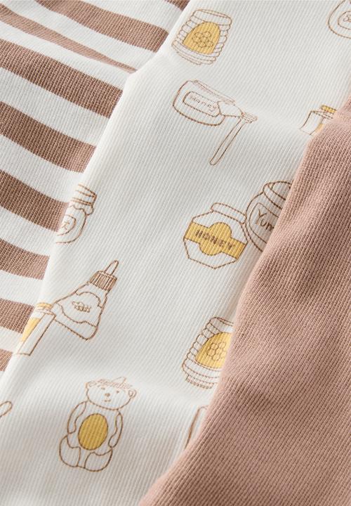 Cotton On - The Long Sleeve Rib Romper 3 Pack - Oatmilk/Honey Bear