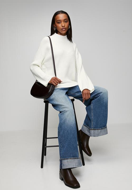 Brave Soul - Mossy Yarn Ribbed Raglan Sleeve Jumper With Turtle Neck - Cream
