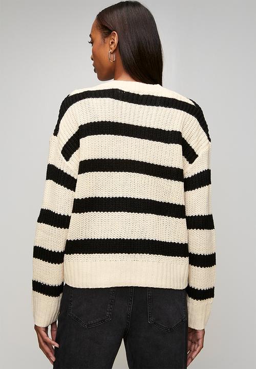 Brave Soul - Fisherman Rib Knit Stripe Cardi With V-Neck - Oatmeal/Black