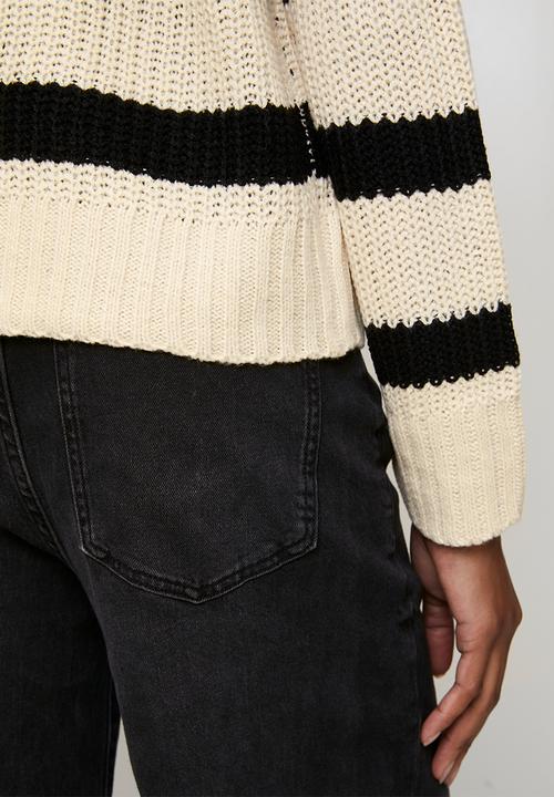 Brave Soul - Fisherman Rib Knit Stripe Cardi With V-Neck - Oatmeal/Black