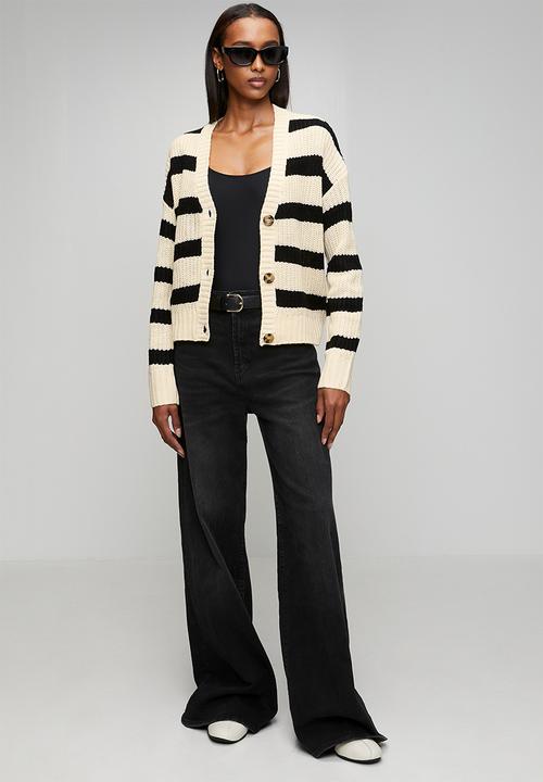 Brave Soul - Fisherman Rib Knit Stripe Cardi With V-Neck - Oatmeal/Black