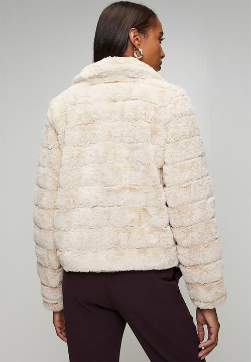 MANDI - Long Sleeve Faux Fur One Button Jacket - Beige