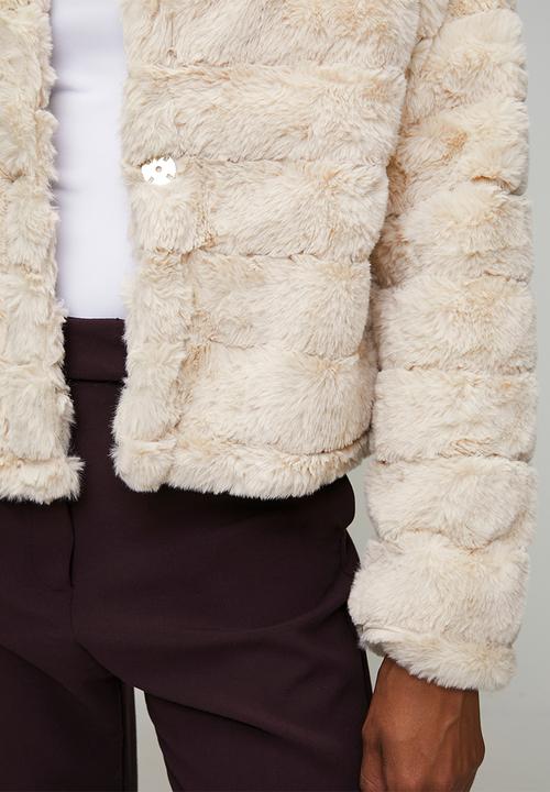 MANDI - Long Sleeve Faux Fur One Button Jacket - Beige