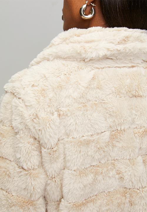 MANDI - Long Sleeve Faux Fur One Button Jacket - Beige