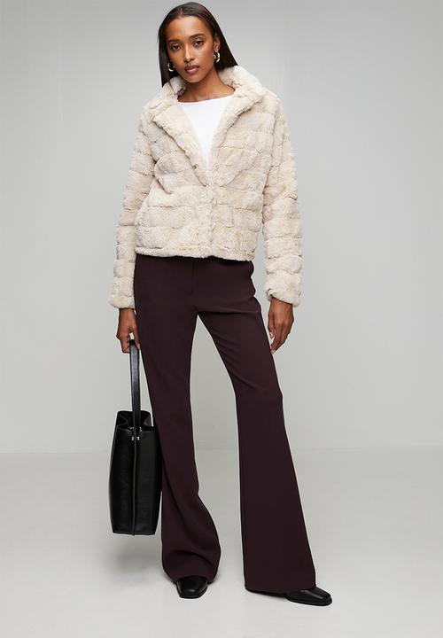 MANDI - Long Sleeve Faux Fur One Button Jacket - Beige